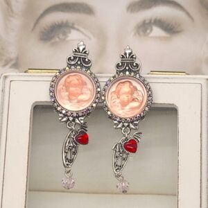 Vintage Signed Kirks Folly Whimsical Pink Cameo Crystal Ornate Silver Earrings